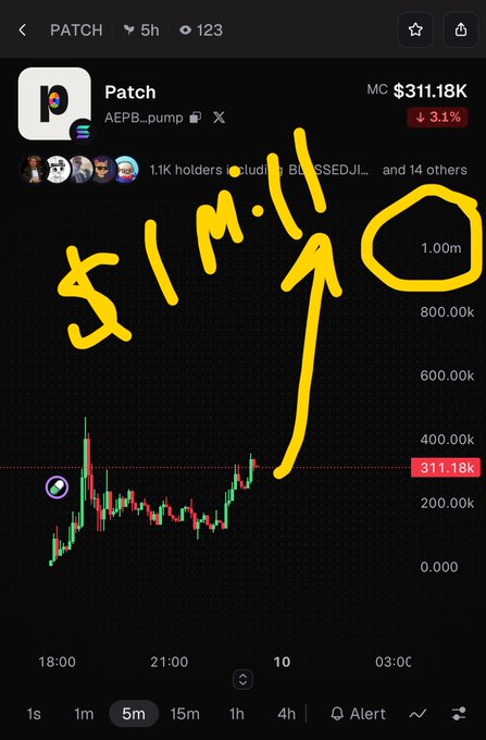 A screenshot of a crypto token chart for "PATCH" on what appears to be a trading platform, showing the ticker AEPB.pump, a market cap of $311.18K (down 3.1%), and a hand-drawn annotation pointing to a price target of approximately $1M with "SMILLI" written in yellow.