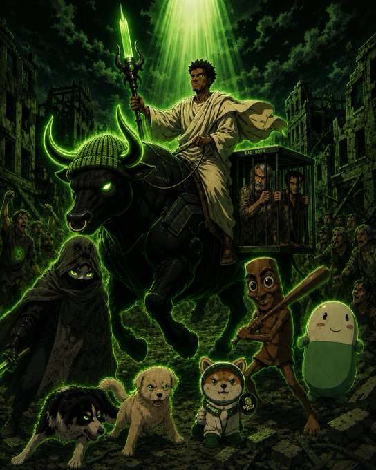 A dark fantasy illustration features a robed figure on a glowing-eyed horned bull holding a green trident, leading a caged prisoner through a ruined city surrounded by hooded figures, anime-style mascots (a dog, cat, and wooden figure), and pill-shaped characters. The eerie green aesthetic and meme-like companions tie into the chaotic crypto "blessing" theme of the post, which humorously asks whether to hand out the cursed image in $ANSEM tokens.