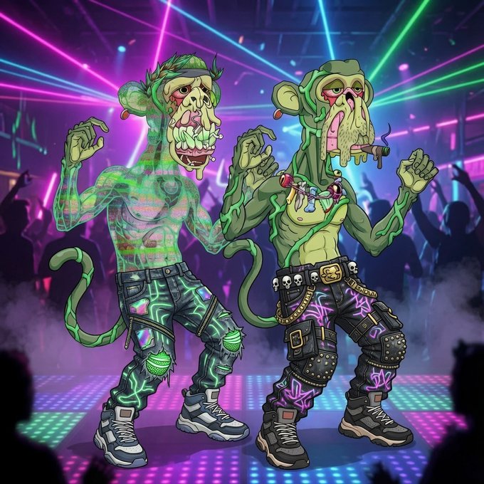 Two cartoonish green-skinned characters dance at a neon-lit nightclub under laser lights—one is a translucent humanoid wearing a tank top and ripped jeans, while the other is a zombie-like monkey in a hoodie smoking a cigar and sporting skull-adorned pants—both matching the chaotic club energy suggested by the caption with @6XISIV.
