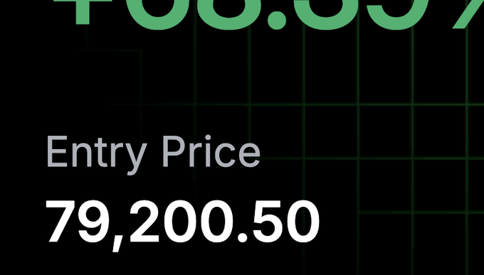 A dark screen displays a partial green price ticker ending in "468.637" above text that reads "Entry Price 79,200.50".
