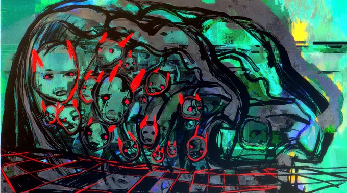 An expressive digital painting in teal and black, depicting a large face intertwined with smaller, red-highlighted figures, set over a red grid pattern reminiscent of the Matrix.