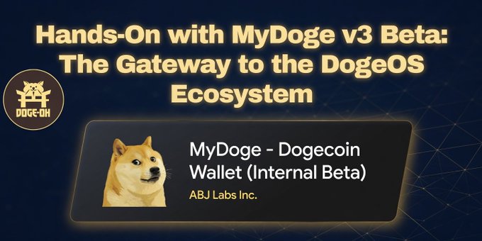 The image features a yellow dog with a black nose and ears, sitting next to a blue background. The text "MyDogE - DogE coin" is displayed below the dog's head. Below this, there are two lines of text that read "It is no longer a secret that the team behind the @MyDoge wallet is also driving the development of @DogeOS". This suggests that the image is related to the post about MyDogE Wallet and DogeOS.