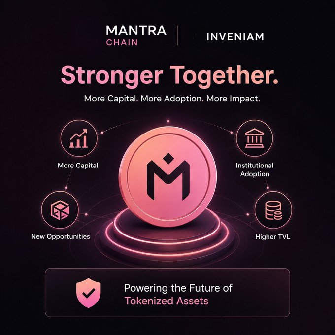 The image features a pink coin with the word "MANTRA" written on it, surrounded by various icons representing different aspects of the MANTRA Chain ecosystem. The main focus of the image is the pink coin itself, which serves as the centerpiece for the post promoting the MANTRA Chain and its potential to revolutionize the cryptocurrency space.