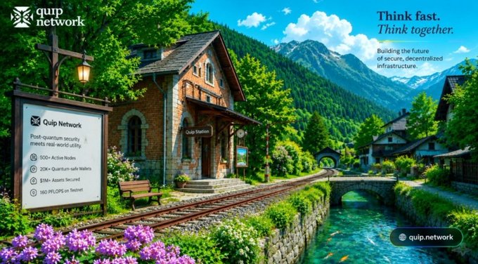 An AI-generated landscape featuring a 'Quip Network' station with a sign listing specifications like '300+ Active Nodes' and '20K+ Quantum-safe Wallets,' set beside railroad tracks and a stream in a mountainous village.