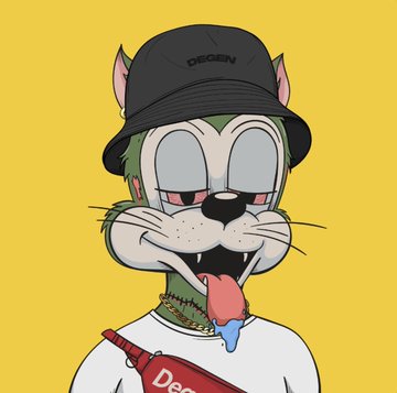 A cartoon cat with a red nose wearing a black "DEGEN" cap and a sash, drooling in an exaggeratedly hungry or desperate expression against a yellow background.

The image humorously embodies the "DEGEN" crypto/NFT culture referenced in the post, visually representing the desperate, bag-holding holders the message is appealing to—a greedy, worn-down cartoon mascot that mirrors the exhaustion of neglected NFT communities being targeted for recruitment.