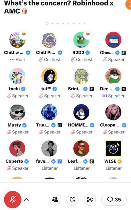 A Clubhouse app screen titled 'What's the concern? Robinhood x AMC' showing a grid of speaker avatars including hosts 'Chill w...' and co-hosts 'Chili Pi...', 'R2D2', and 'Ghos...', with 35 participants.