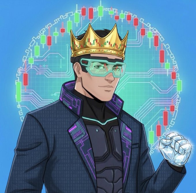 An illustration of a man wearing a gold crown, blue glasses, and a tech-patterned suit, set against a backdrop of candlestick trading charts.