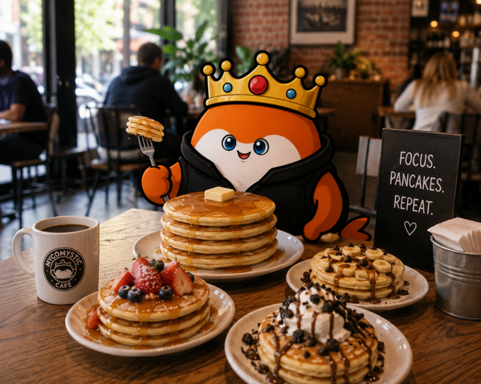 The image features a cartoon-like orange character, possibly a fox or an alligator, sitting at a table with plates of pancakes and other food items such as waffles and fruit. The character appears to be holding a fork over some pancakes on the table. The background shows a dining area where people are seated at tables enjoying their meals. There is also a sign in the scene that reads "Focus on what you want". This suggests that the image might have been created for promotional purposes or as part of an event, with the focus being on the food and the cartoon character to attract attention and encourage engagement from viewers.