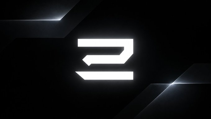 A dark abstract metallic graphic with a glowing white stylized emblem resembling the number 2.