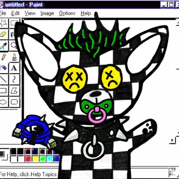 The image displays a MS Paint drawing of a stylized animal character (possibly a cat or fox) with a black-and-white checkered body, X eyes, a green flame-like design on its head, and a green bandana, holding a blue spiked ball. The accompanying text announces a giveaway for 10 guaranteed spots for a free mint from @Demonics_rh, with instructions to follow, like, RT, and drop an EVM wallet. The drawing appears to be original artwork used as a creative visual to promote the mint giveaway.