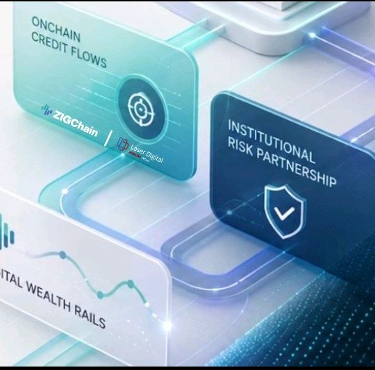 A 3D-rendered graphic showing translucent cards labeled 'ONCHAIN CREDIT FLOWS' (ZIGChain/Lazar Digital), 'INSTITUTIONAL RISK PARTNERSHIP', and 'DIGITAL WEALTH RAILS' with glowing blue accents.