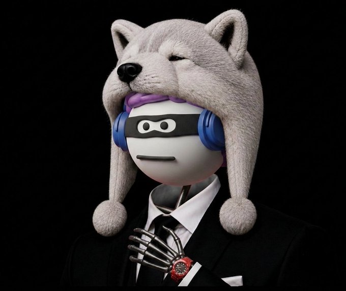 A 3D-rendered character with a simple white mask face, blue headphones, and a fluffy husky hat is dressed in a black suit, white shirt, and tie with a skeleton hand resting on its chest.