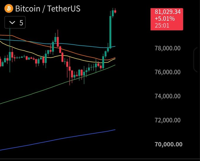 A Bitcoin/TetherUS 5-minute candlestick chart shows BTC surging to $81,029.34, up +5.01%, with a sharp green breakout above the 78,000 resistance level—visually confirming the breaking news of Bitcoin reclaiming the $81,000 mark.