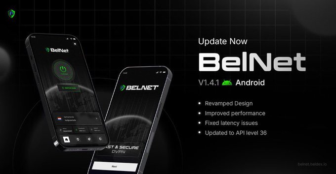 An advertisement graphic for 'BelNet V1.4.1 Android' VPN update, highlighting features like revamped design, improved performance, fixed latency, and updated to API level 36.