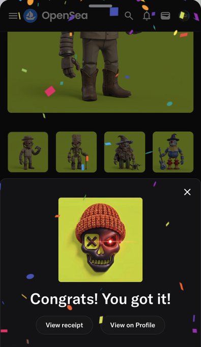 An OpenSea mobile screenshot displays a celebration screen with confetti reading 'Congrats! You got it!' featuring a skull character with a beanie and an X eye.