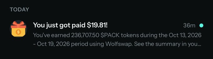 A mobile notification banner reading 'TODAY: You just got paid $19.81! You've earned 236,707.50 SPACK tokens during the Oct 13, 2026 - Oct 19, 2026 period using Wolfswap.'