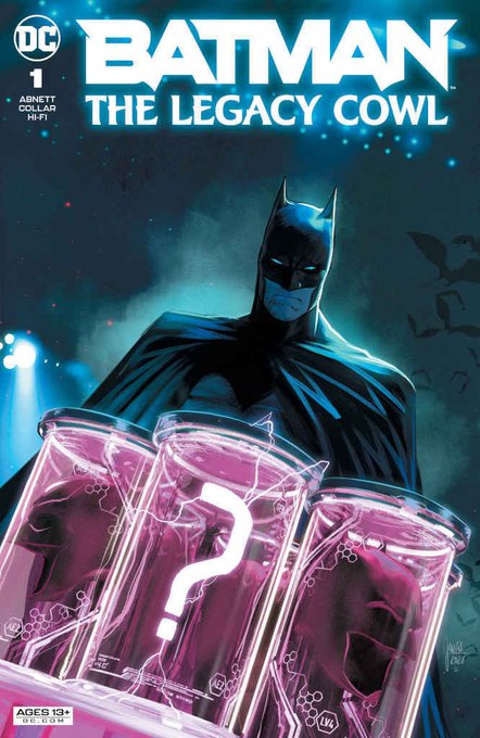 Batman stands ominously in the dark behind three glowing pink containment tubes—one marked with a large white question mark, suggesting the Riddler, while submerged figures appear within—on the cover of "BATMAN: THE LEGACY COWL" issue #1 by Abnett, Collar, and Cowles, a 16 of 1 NFT collectible ($6.99) published by DC. The cover's iconic villain imagery and ultra-rare 1-of-1 status tie directly to the post's message, highlighting why even a single, highly coveted DC blockchain comic like this commands demand despite the crowded digital collectibles market.