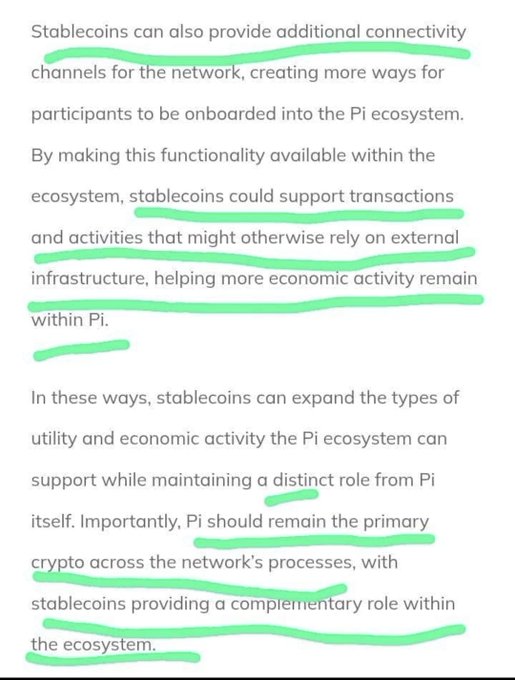 A highlighted text excerpt from a Pi Network document discussing how stablecoins can provide additional connectivity channels within the Pi ecosystem while maintaining a complementary role, with Pi remaining the primary cryptocurrency across the network's processes.