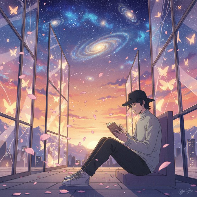 The image features an illustration of a man sitting inside a building, reading a book while surrounded by a cityscape with buildings visible through large windows. The scene includes a sunset outside the window, which adds to the overall atmosphere of the artwork. The caption provided in the image seems unrelated and does not provide any meaningful context or information about the content of the illustration.