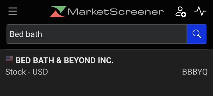 A screenshot of MarketScreener displaying a search for "Bed bath" with the result showing "BED BATH & BEYOND INC." (ticker BBBYQ) in USD. The joke plays on the autocorrect/text prediction mishap, where typing "Bed bath" led to finding the defunct retailer Bed Bath & Beyond, humorously suggesting the user accidentally "searched up" the company in their sleep (referencing $GME and #TEDDY likely referring to Ryan Cohen's "Teddy" meme).