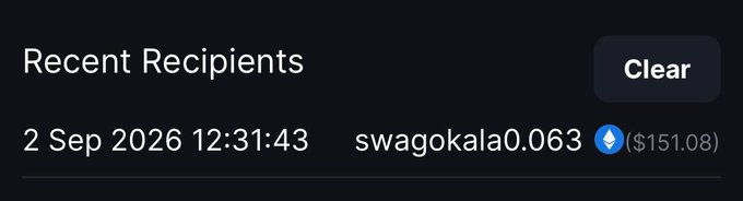 A dark-themed "Recent Recipients" interface showing a transaction record dated "2 Sep 2026 12:31:43" to "swagokala0.063" with an Ethereum icon, displaying ($151.08) — corresponding to the $150 crypto gift sent in the accompanying message.