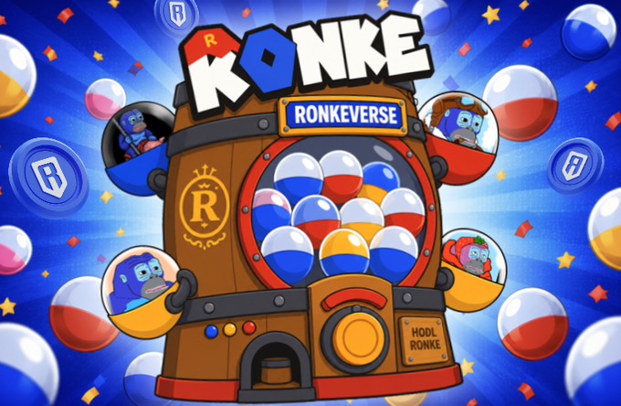 Colorful promotional artwork for 'RONKE RONKEVERSE,' featuring a cartoon gumball machine dispensing red, white, and blue capsules with character avatars, labeled 'HODL RONKE.'