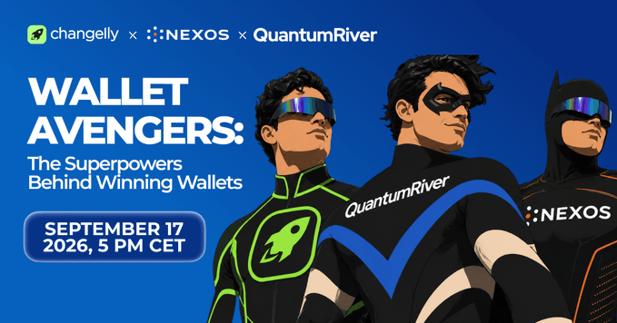 A promotional banner for 'Wallet Avengers: The Superpowers Behind Winning Wallets' featuring superhero-styled figures, scheduled for September 17, 2026 at 5 PM CET, with Changelly, NEXOS, and QuantumRiver branding.