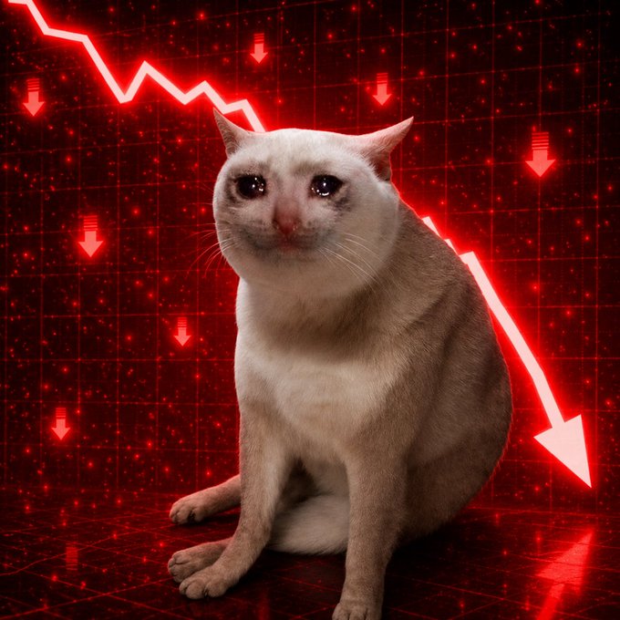 A sad-looking white cat with teary eyes sits against a red background featuring downward-pointing arrows and a sharply declining stock chart line, visually conveying the pain of losses. The image relates to the post about someone buying $CASHCAT and experiencing a significant price drop, capturing the relatable "ouch" moment of a bad trade.