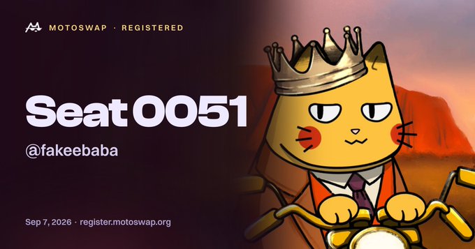A digital registration badge from MotoSwap showing "Seat 0051" reserved for "@fakeebaba," featuring an illustrated cat wearing a crown and suit riding a motorcycle, dated Sep 7, 2026 with the URL register.motoswap.org.