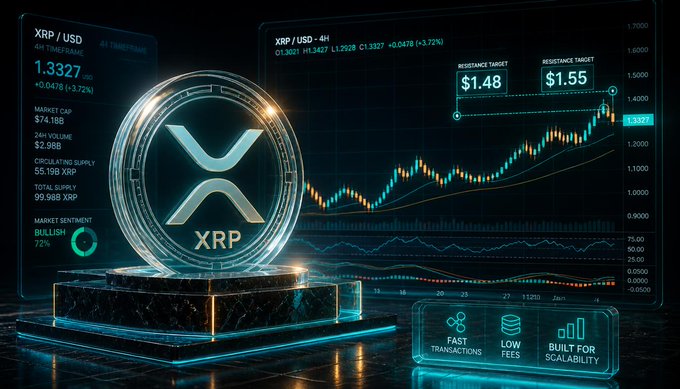 A futuristic cryptocurrency dashboard display for XRP/USD showing a 24-hour time frame with a current price of 1.3327, market cap of $74.18B, and features highlighting fast transactions, low fees, and built for scalability.