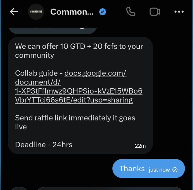 A screenshot of a Twitter/X DM conversation where "Commoners" (verified account) offers 10 GTD + 20 fcfs spots with a collab guide Google Doc link, requesting a raffle link within a 24-hour deadline, and the recipient replies "Thanks." This relates to the poster securing NFT guaranteed spots/whitelist allocations for the Commoners x Robilllio project on Robinhood Chain to distribute to the community.