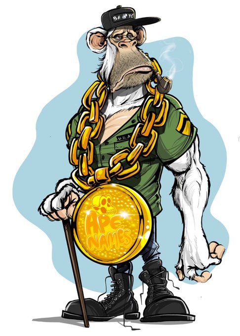 A cartoon illustration of a tough white monkey/ape wearing a black cap, green shirt, large gold chain, and holding a cane with a gold medallion reading "NFT" with a skull.