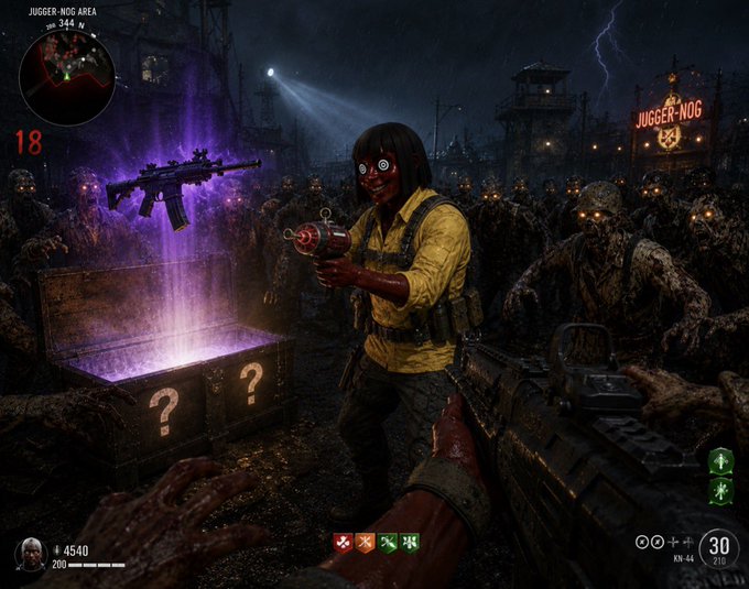 A first-person perspective screenshot from a Call of Duty Zombies-style video game featuring a character holding a weapon called 'JUGGER-NOG' surrounded by zombies in a dark, stormy setting.