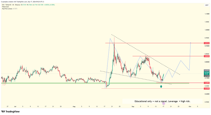 A TradingView chart of the SUI/USDT pair on the 4-hour timeframe displays price consolidation around $0.73 with key resistance levels marked near $0.8400 and $0.9000, supporting the post's claim that a long-term bottom has formed in the descending price action.