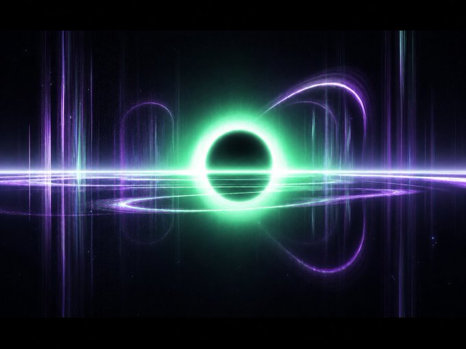The image depicts a glowing black hole-like sphere with vibrant green and purple neon energy rings swirling around it against a starry cosmic backdrop, symbolizing immense cosmic power and intelligence. This visually represents the dramatic repricing and transformative potential of the Grok ecosystem mentioned in the post, evoking the idea of Grok becoming a singular, powerful model of truth and utility empowered by Elon Musk's vast compute resources.