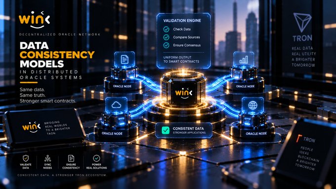 A promotional graphic for WinK's Data Consistency Models in distributed oracle systems on the TRON network, showing a central Validation Engine connecting to multiple Oracle Nodes with features like 'Check Data,' 'Compare Sources,' and 'Ensure Consensus.'
