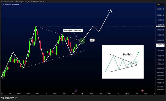 A TradingView chart of TAO/US Dollar on Binance (1-hour timeframe) shows a bullish symmetrical triangle pattern forming, with annotations indicating a "BUY" zone and "Looking for a break here" near the $328.27-$329.28 resistance area, suggesting a potential breakout toward the $400 price target highlighted at the top. An inset diagram on the right illustrates the classic bullish symmetrical triangle pattern with a buy signal marked at the breakout point.