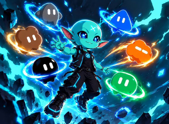 A vivid digital illustration shows a teal, elf-like character floating among colorful ringed mascot planets in a glowing blue space scene.