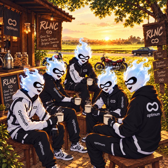 Five figures with flaming blue heads wearing black hoodies with the 'Optimum' infinity logo sit around a table at sunset near wooden signs reading 'RLNC' with phrases like 'Good Tea, Better Brothers, Brighter Tomorrow.'