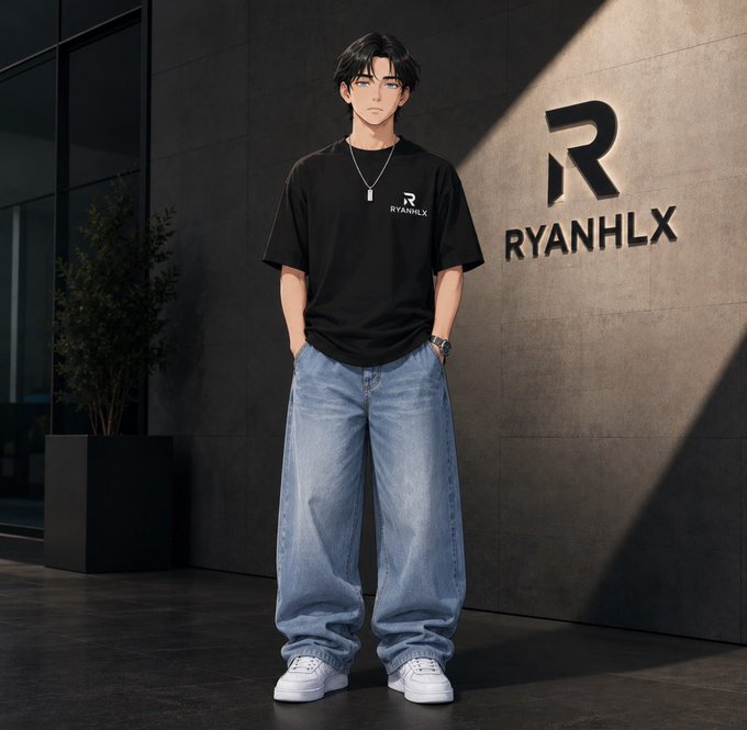 An anime-style young man wearing a black t-shirt with the text 'RYANHLX', baggy light blue jeans, and white sneakers stands against a dark wall displaying the logo 'RYANHLX'.