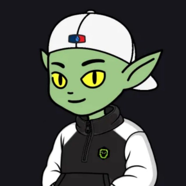 A 2D cartoon illustration of a green-skinned elf or goblin character wearing a white cap and a black-and-white pullover jacket.