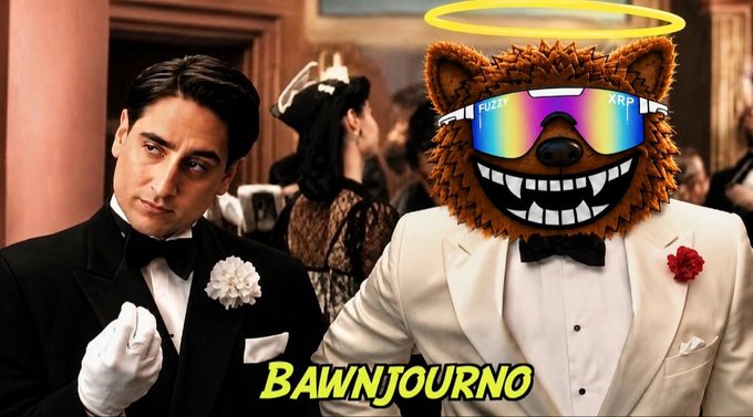 The image is a composite of two contrasting sides of a social event a man dressed in a black tuxedo representing a formal figure and a whimsical figure. The latter is bear wearing a white tuxedo with a red rose on its lapel, rainbow-colored sunglasses, and a halo, embodying a surreal character. The text "BAWNJOURNO" appears to be a merger of the words "Bawn" and "Journo," possibly hinting at a play on words or a pseudonym used in the context of the image. The accompanying post to the image mentions a community in crypto and encourages support for the hashtag "freefuzzy," suggesting that the bear character is central to the message being conveyed. The juxtaposition of the characters in the image, along with the text, points towards a humorous or satirical conclusion related to cryptocurrency culture, where "Fuzzy" might be an important figure or mascot within the crypto community.