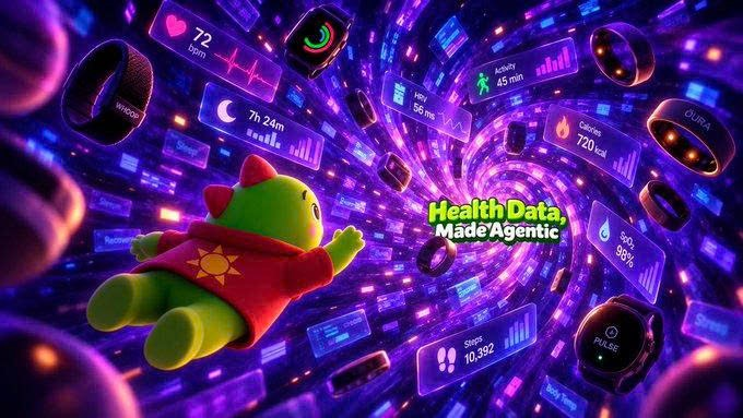 A vibrant purple digital illustration features a green character in a red hoodie floating through a data tunnel surrounded by health metrics on smartwatches and devices, with the text 'Health Data, Made Agentic.'