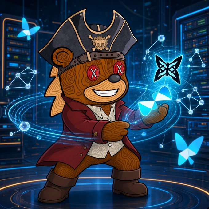 An anthropomorphic wooden pirate bear mascot wearing a black tricorn hat and red coat conjures glowing blue butterflies and network nodes from its palm, set against a futuristic server-room backdrop. The image visually reinforces the post's theme of Quip Network's $QUIP testnet, where the pirate's "magical" summoning of butterfly tokens and grid nodes mirrors the user's experience of effortlessly matched capacity, clean verification, and smooth hybrid routing optimization.
