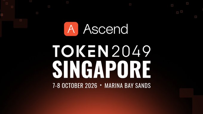 Promotional banner for Ascend's attendance at TOKEN2049 Singapore, taking place October 7-8, 2026 at Marina Bay Sands, featuring the Ascend logo and event branding against a black and orange background.