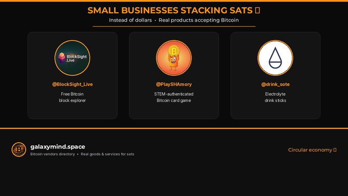 A promotional graphic titled 'SMALL BUSINESSES STACKING SATS' featuring three Bitcoin-related products: @BlockSight_Live (Free Bitcoin block explorer), @PlaySHAmory (STEM-authenticated Bitcoin card game), and @drink_sote (Electrolyte drink sticks), with galaxymind.space branding at the bottom.