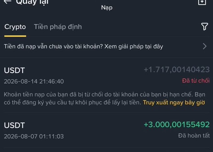 A Vietnamese-language mobile app screenshot showing USDT crypto deposit history, including a rejected transaction of +1.717 USDT due to account restrictions and a completed deposit of +3.000 USDT.