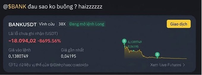 The image shows a Binance Futures trading panel for **BANKUSDT** displaying a massive loss of **-8695.56% (-$18,094.02)** on a Long position, with the current price at **0.1380749** and the latest price dropping to **0.04195**, illustrating the trader's painful "blood lesson" of catching a falling knife as $BANK's chart continued to break down relentlessly.