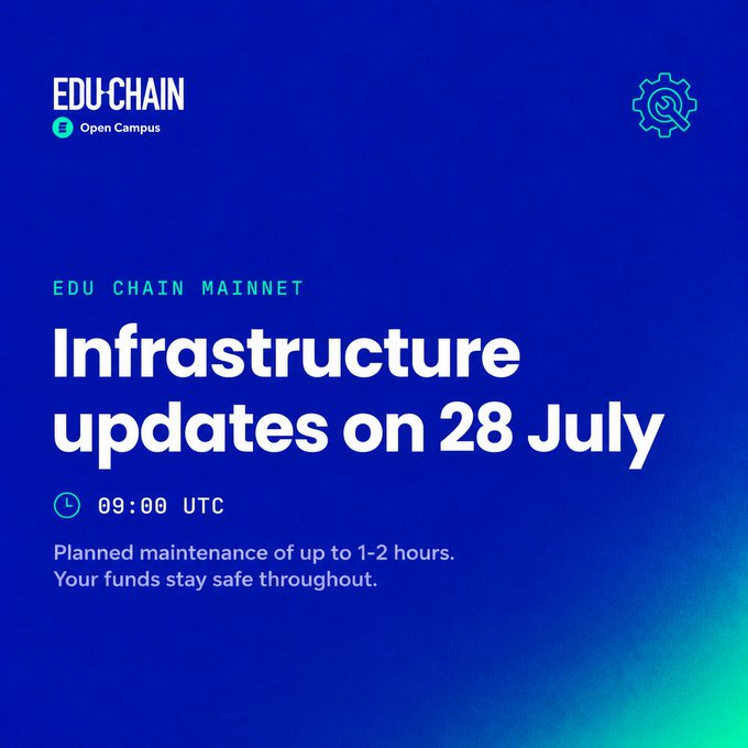 A blue announcement card from EDU·CHAIN (Open Campus) informing users of 'EDU CHAIN MAINNET Infrastructure updates on 28 July' at 09:00 UTC, noting planned maintenance of 1-2 hours.