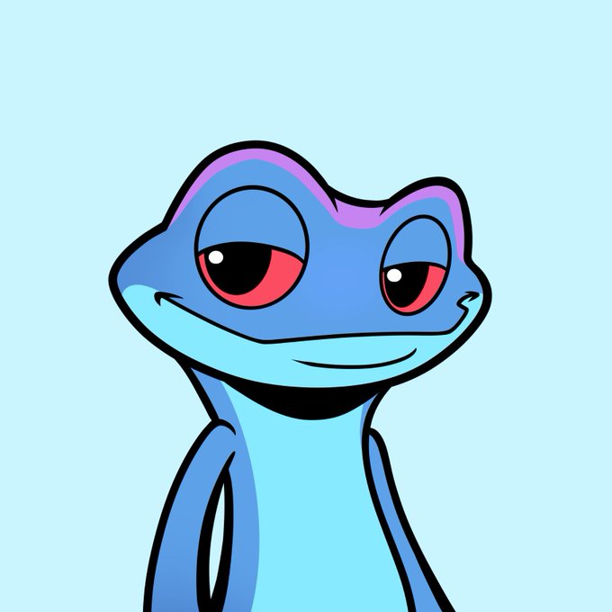 A cartoon illustration of a blue lizard character with red eyes and a subtle smile against a light blue background.